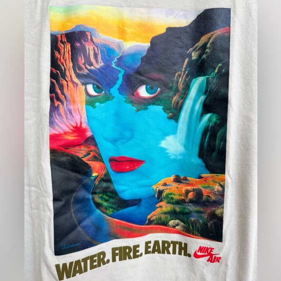 Nike Bring It Out Water Fire Earth 100% Cotton Taupe Graphic Loose Fit Tee. S - Picture 4 of 7